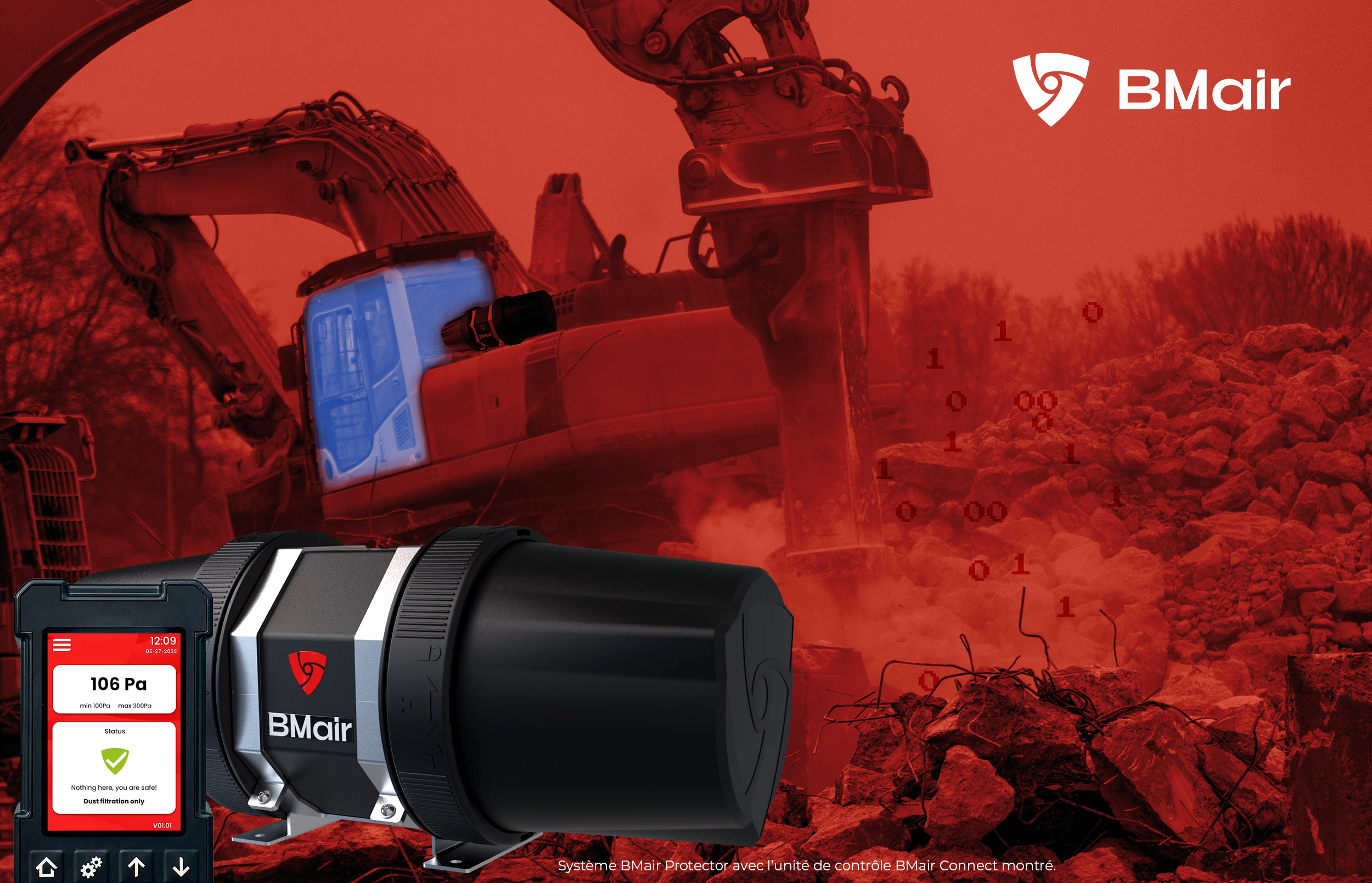 Excavatrices opérant dans un environnement poussiéreux avec le système de filtration d'air connecté Bmair Protector avec BMair Connect.