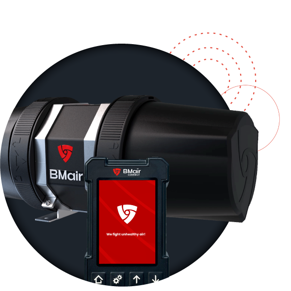 Système de filtration d'air pressurisé BMair Protector avec le module de suivi BMair Connect.